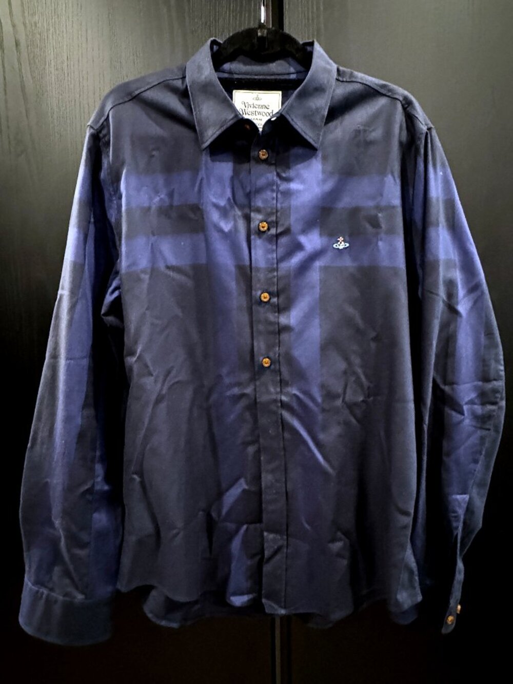 Vivienne Westwood Men's Navy Blue Expanded Tartan Long-Sleeve Shirt - Size V